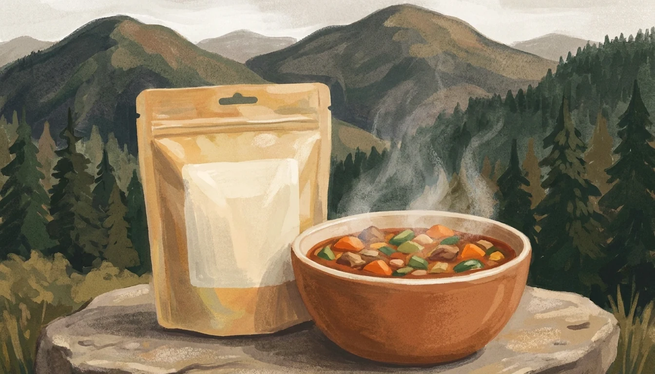 A branded freeze-dried meal pouch beside a full bowl of the rehydrated meal it makes.