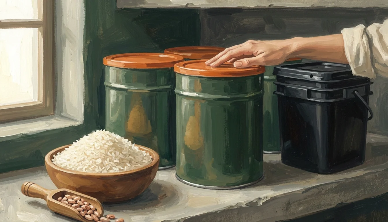 Gouache illustration of a home emergency food supply - sealed storage cans, a bucket, and a bowl of dry rice and beans on a cool pantry shelf.