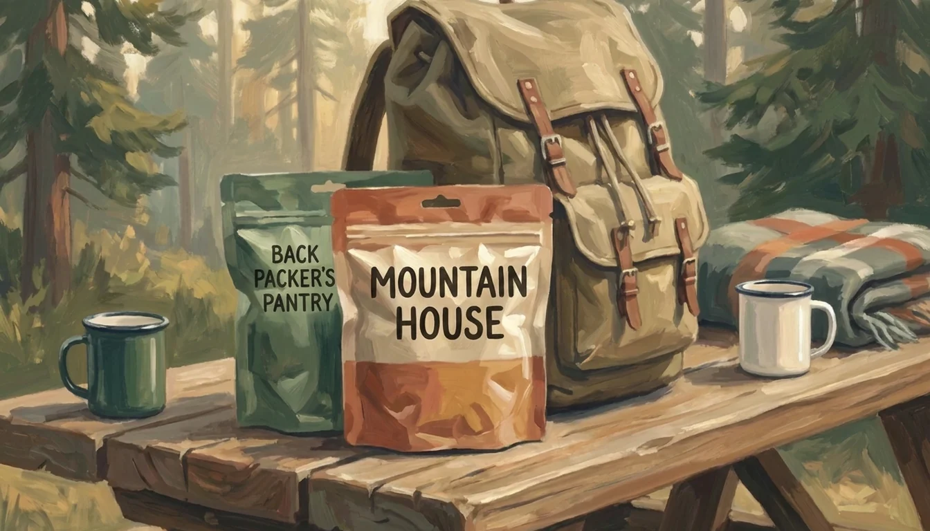 A Backpacker's Pantry pouch and a Mountain House pouch side by side on a table, compared head to head.