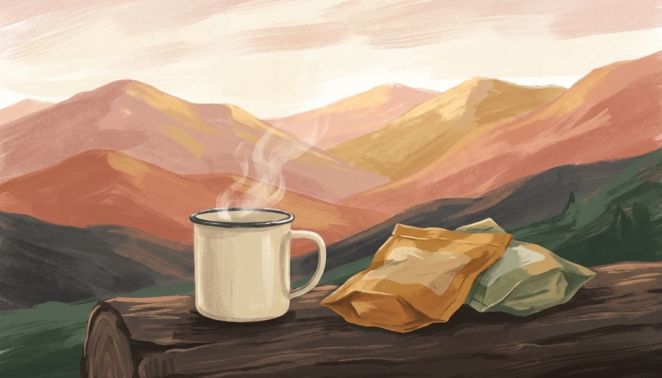 Freeze-dried backpacking breakfast pouches with coffee in a bright kitchen.