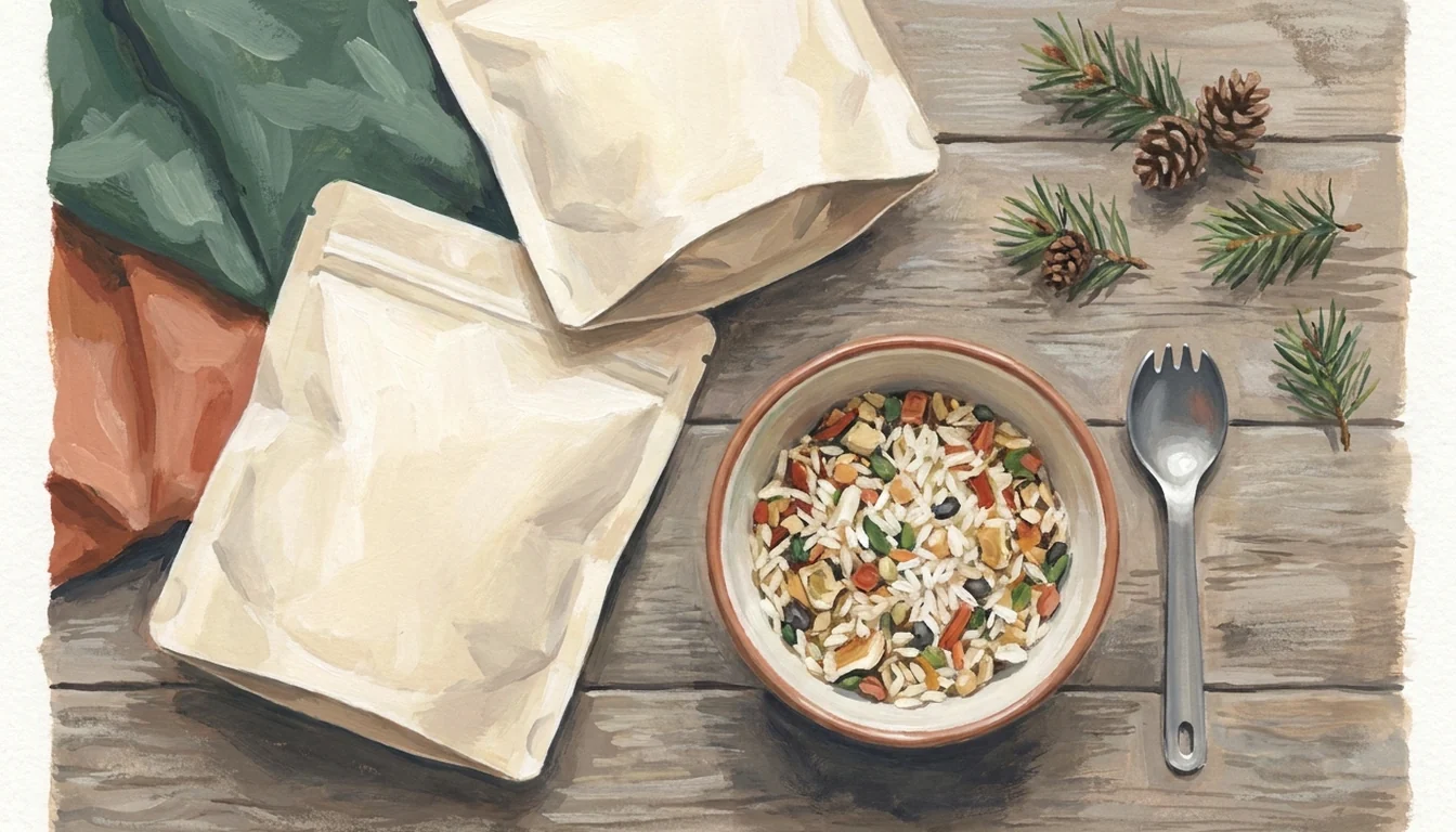A spread of gluten-free freeze-dried backpacking meal pouches on a table.