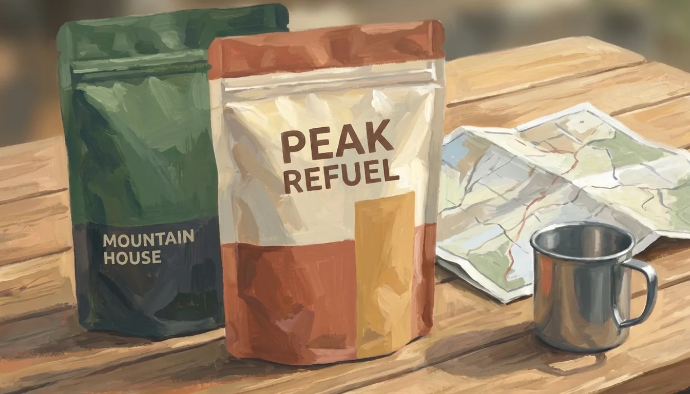 A Mountain House pouch and a Peak Refuel pouch side by side on a table, compared head to head.
