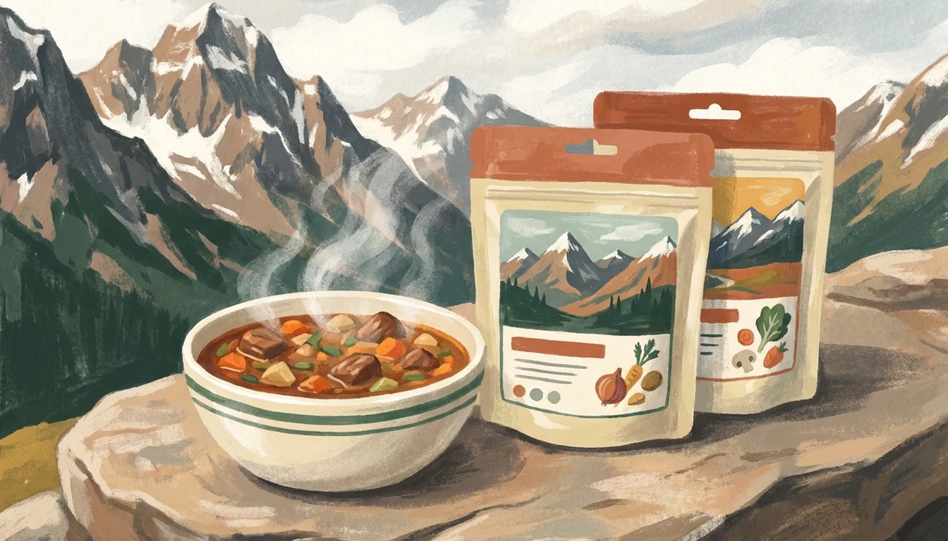 A hearty high-protein freeze-dried trail meal in a camping bowl beside branded pouches.