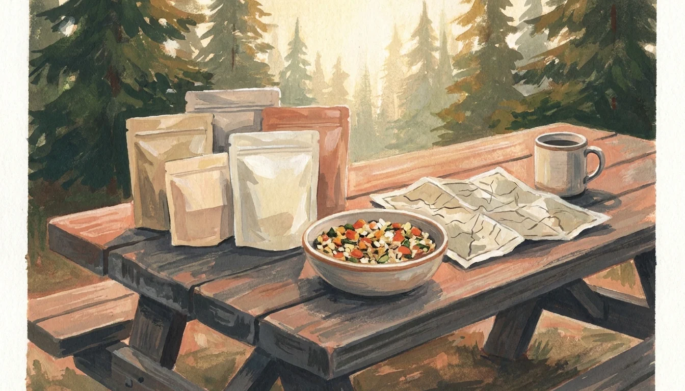 A spread of vegetarian freeze-dried backpacking meal pouches on a table.