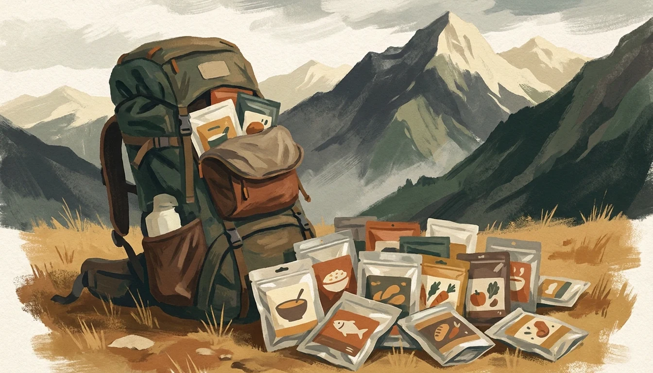 A spread of branded freeze-dried backpacking meals being sorted on a kitchen table before a trip.
